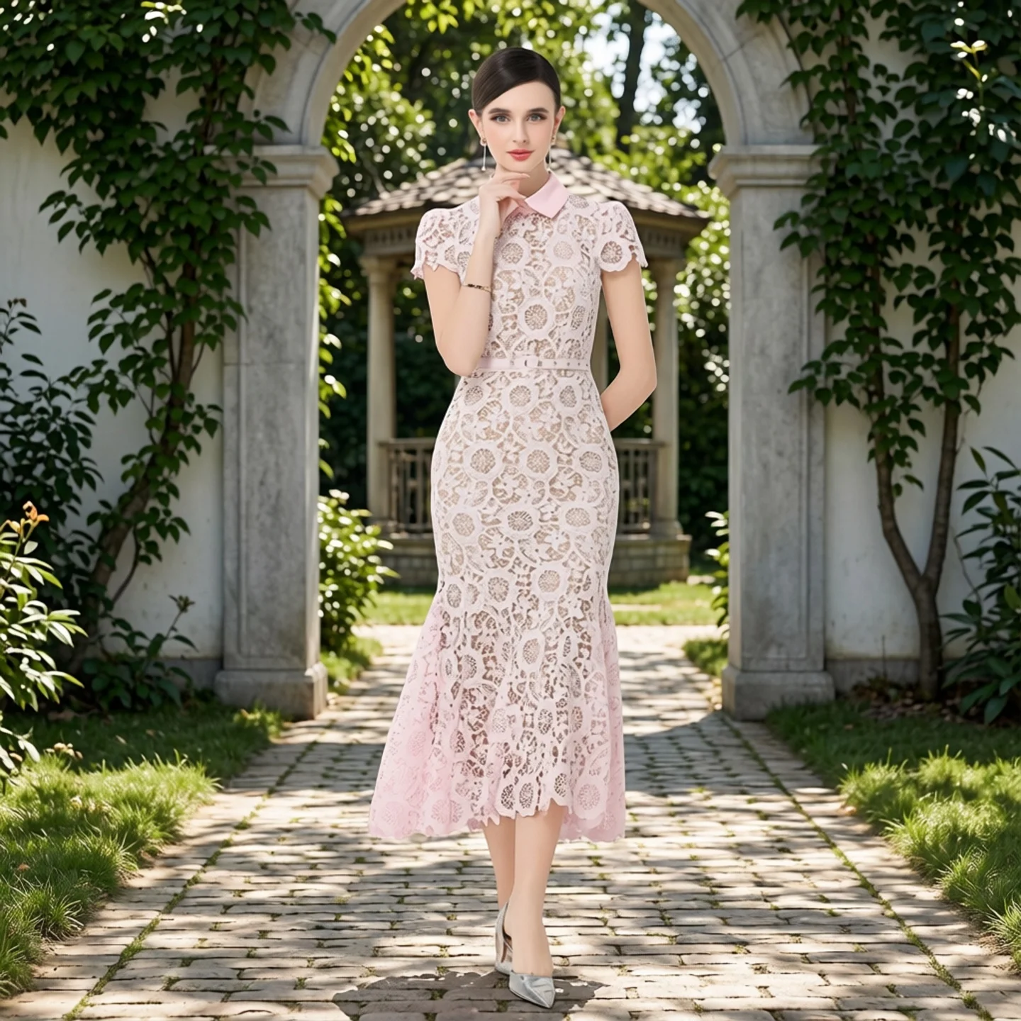 

Fashionable Lace Fish Tail Dress Slimming Waist Short Sleeve Pink Hollow out Show off Elegant Women's Dress City Commute Casual