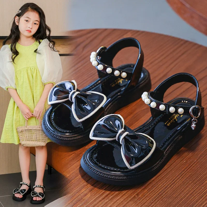 26-37 2024 New Summer Princess Elegant Beach Shoes Fashion Bow Pearl Kids Flat Sandal for Girls Shoes  Children's Sandals Size