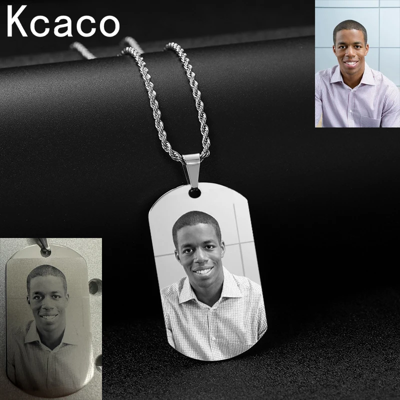 Customized Stainless Steel Engraved Photo Text Rectangle Pendant Necklace Laser Engraving Dog Tag 5mm Cuban Chain Family Gifts