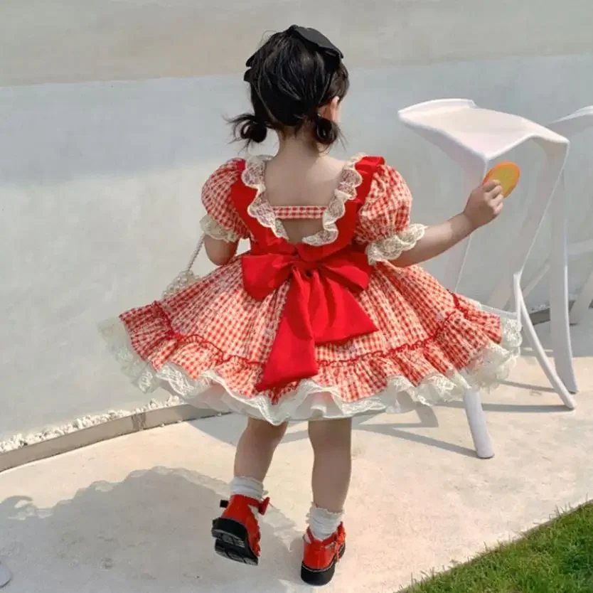 Spanish Vintage Lolita Plaid Ball Gown Lace Bow Stitching Design Birthday Party Princess Dresses For Girls Easter Eid