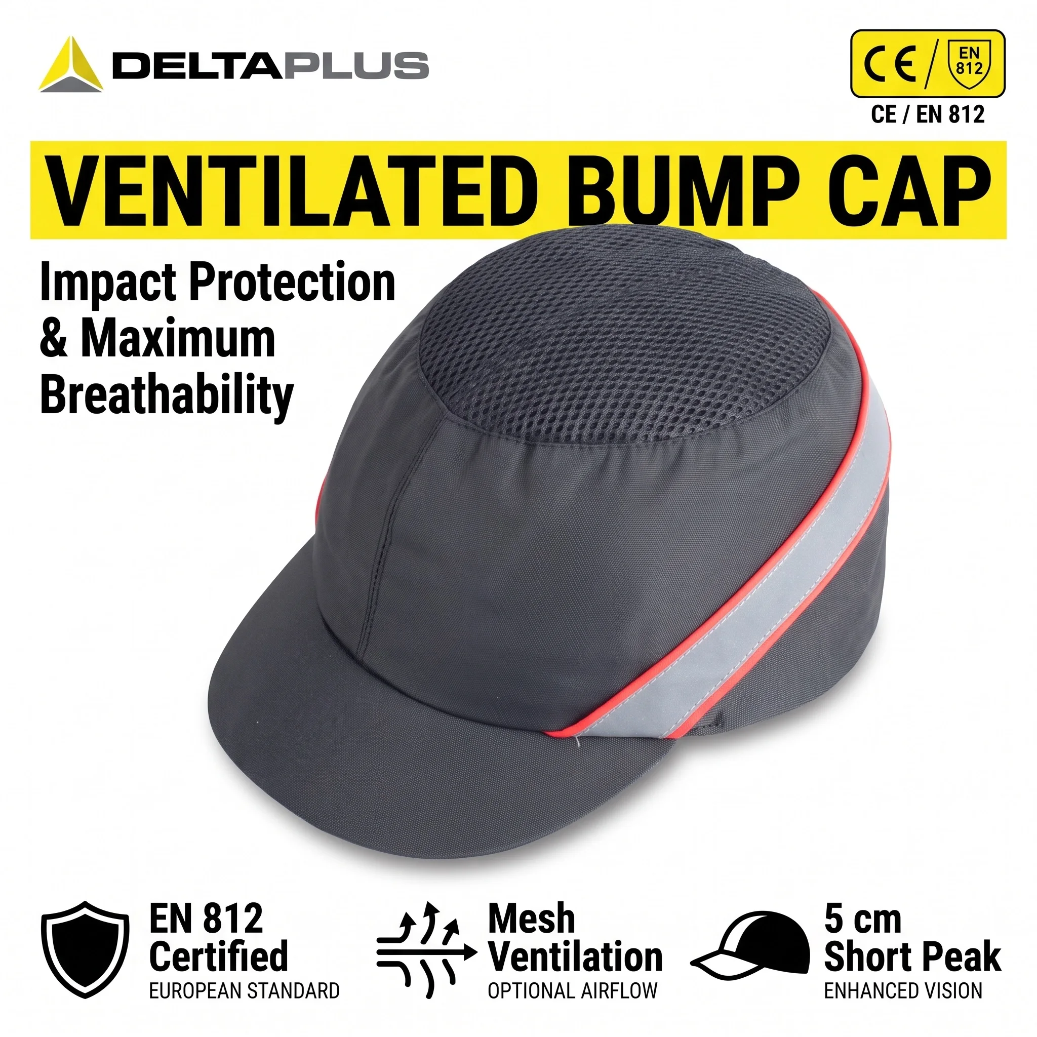 DELTAPLUS 102150 Breathable Bump Cap Black Safety Helmet Lightweight Work Safety Hat Short Brim 5cm Impact Protective Hard Hat