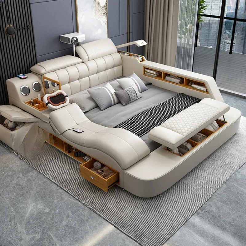 B Girl Nordic Aesthetic Double Bed Storage Multifonction Modern King Double Bed Leather Smart Cama Matrimonial Bedroom Furniture