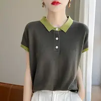 Women's Polo Contrast Color Knitted T-shirts Luxury High Quality Original in Trend 2025 Korean Style Clothing Baggy Female Tee