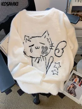 Vintage Preppy Kawaii Cartoon Jacquard Pullover Süße Harajuku Lose Grunge Pullover Y2k Ästhetische Frauen Weiße Gestrickte Pullover