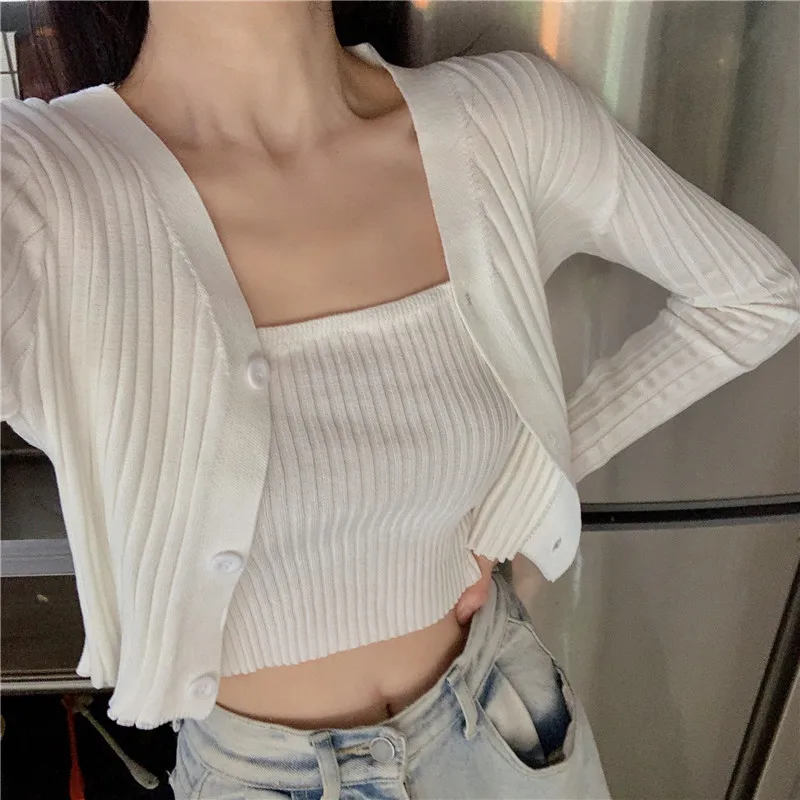 

Pink White Black Girls Knit Cardigan Set 2025 Slim Crop Vest Cardigan Two Piece Pring Autumn Suit Long Sleeve Buttons Sweater