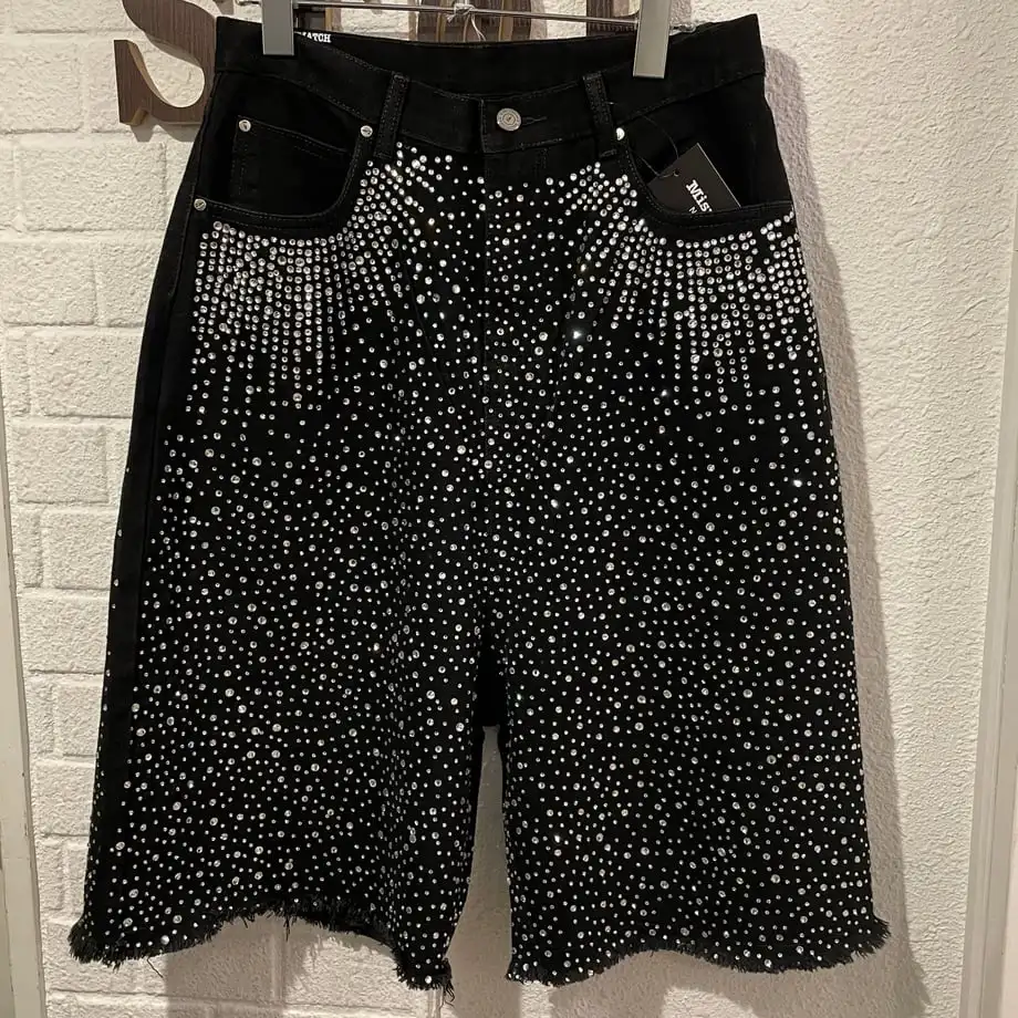 

Hip Hop Y2k Rhinestone Sequin Denim Shorts Jeans Streetwear Mens Baggy Denim Gym Shorts Vintage 2000s Casual Basketball Shorts