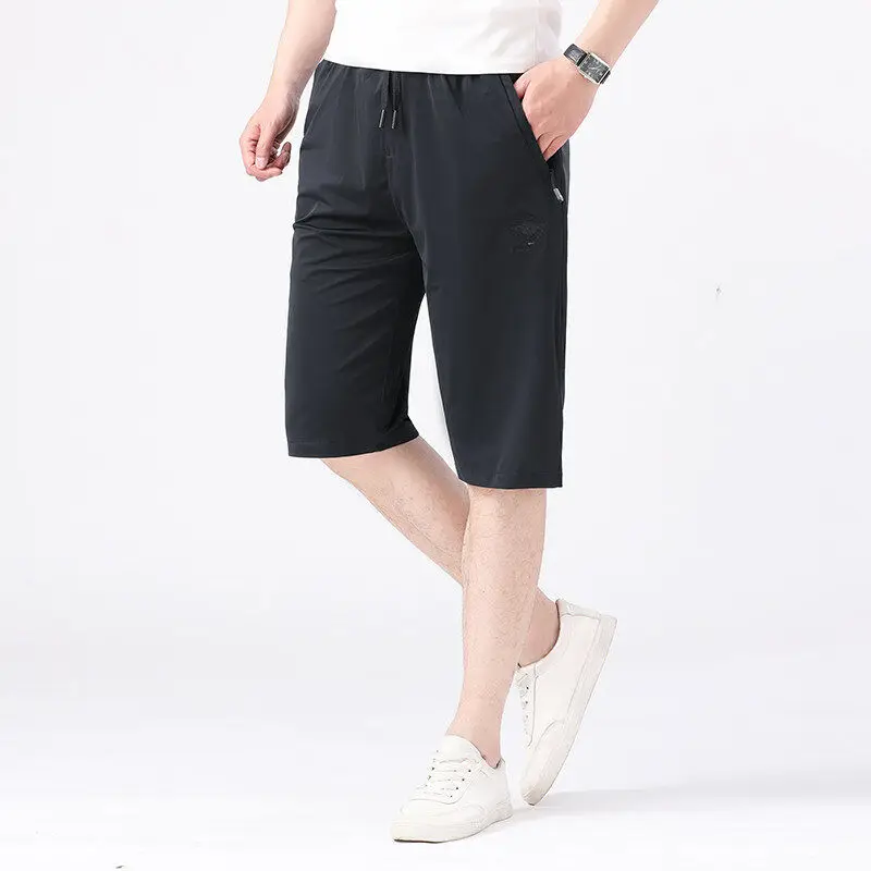 

Летние брюки из ледяного шелка для мужчин среднего возраста, большие размеры, эластичный пояс, тонкие, дышащие, из молочного шелка, 7/8 длины, модные