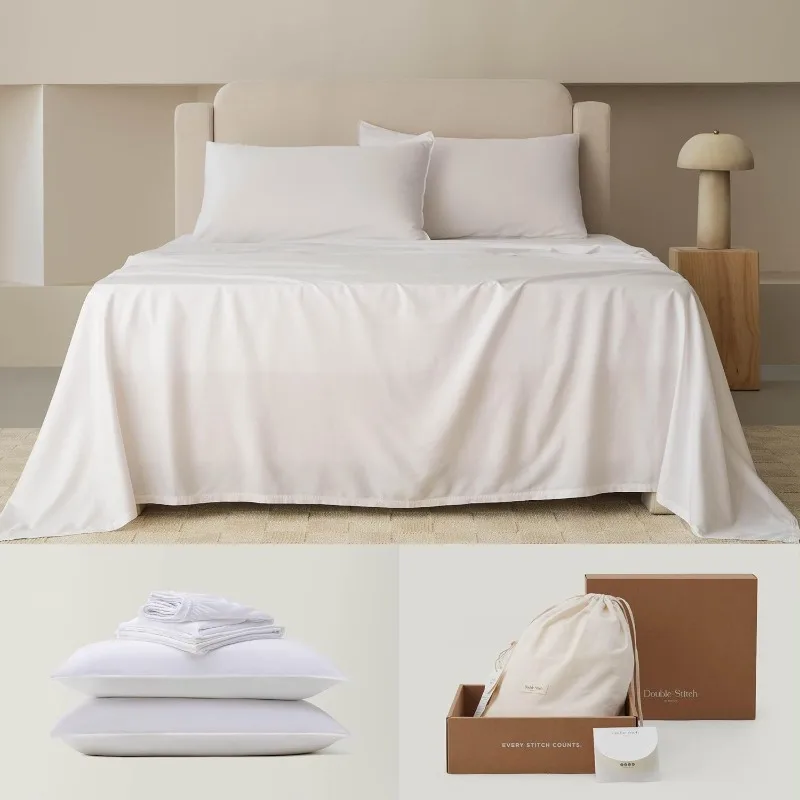 King Sheet Set  4 Pc Soft Hotel Bedding Set Cooling Breathable, 1 Fitted Sheet & 1 Flat Sheet & 2 Pillowcases, Bright White