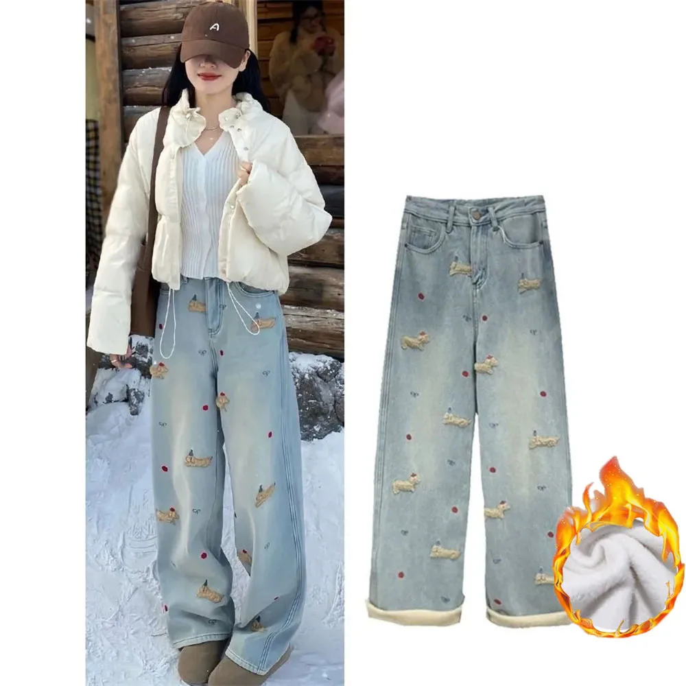 Korean Cartoon Embroidery Jorts Jeans Women Thicken Velvet Winter Warm Y2k Denim Pants High Waist Baggy Straight Denim Trousers