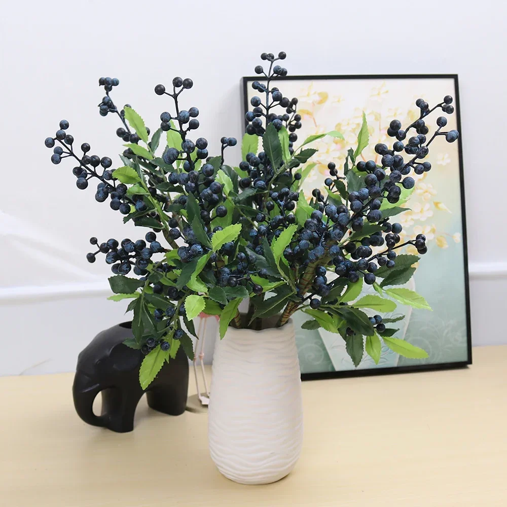 Foam Artificial Berry Branch Bouquet Flowers Garland Accessories Blue Berries Stems Fake Plants for Home Christmas Decoration