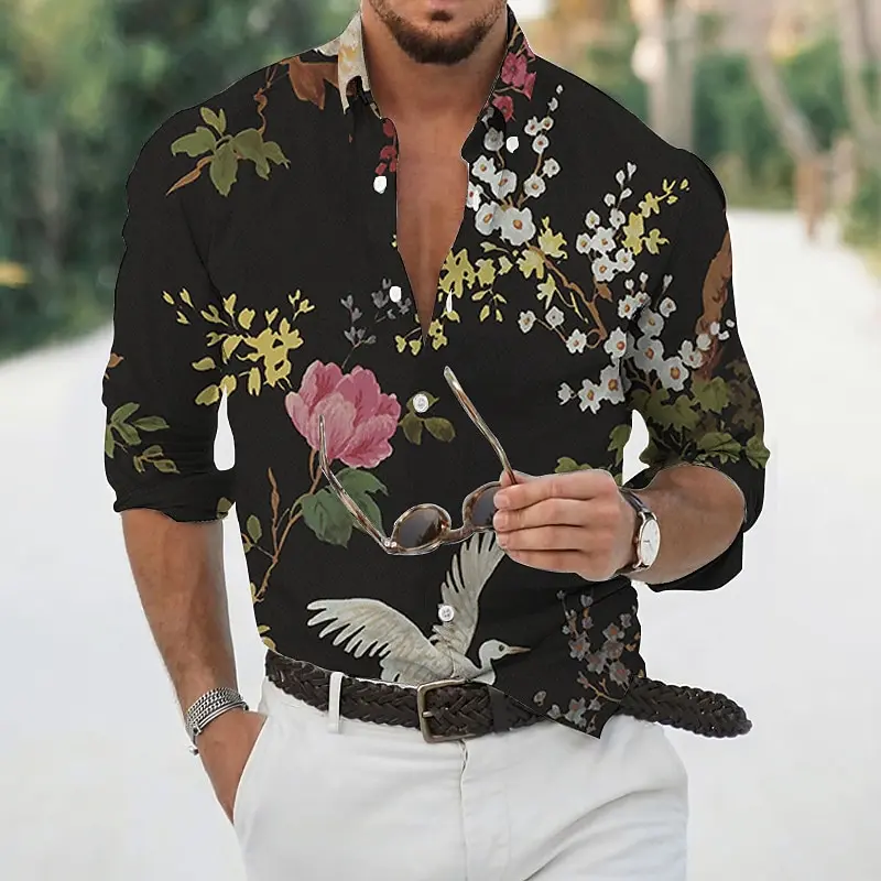 Spring And Autumn New Men's  Printed Hawaiian 3D Leaf Floral Casual Long-sleeved Shirt Button Lapel Casual Comfort Clothing Tops