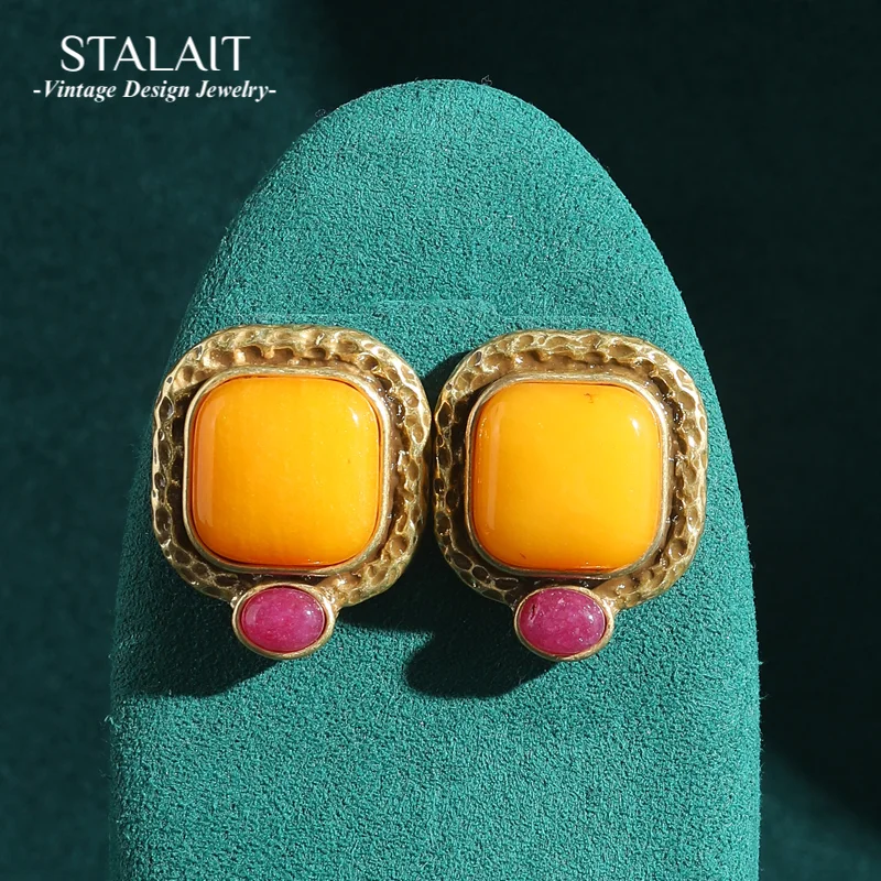 

Желтые карамельные квадратные серьги-гвоздики из натурального камня, винтажные серьги, антикварные женские качественные роскошные дизайнерские ювелирные изделия золотого цвета, новинка 2023 года