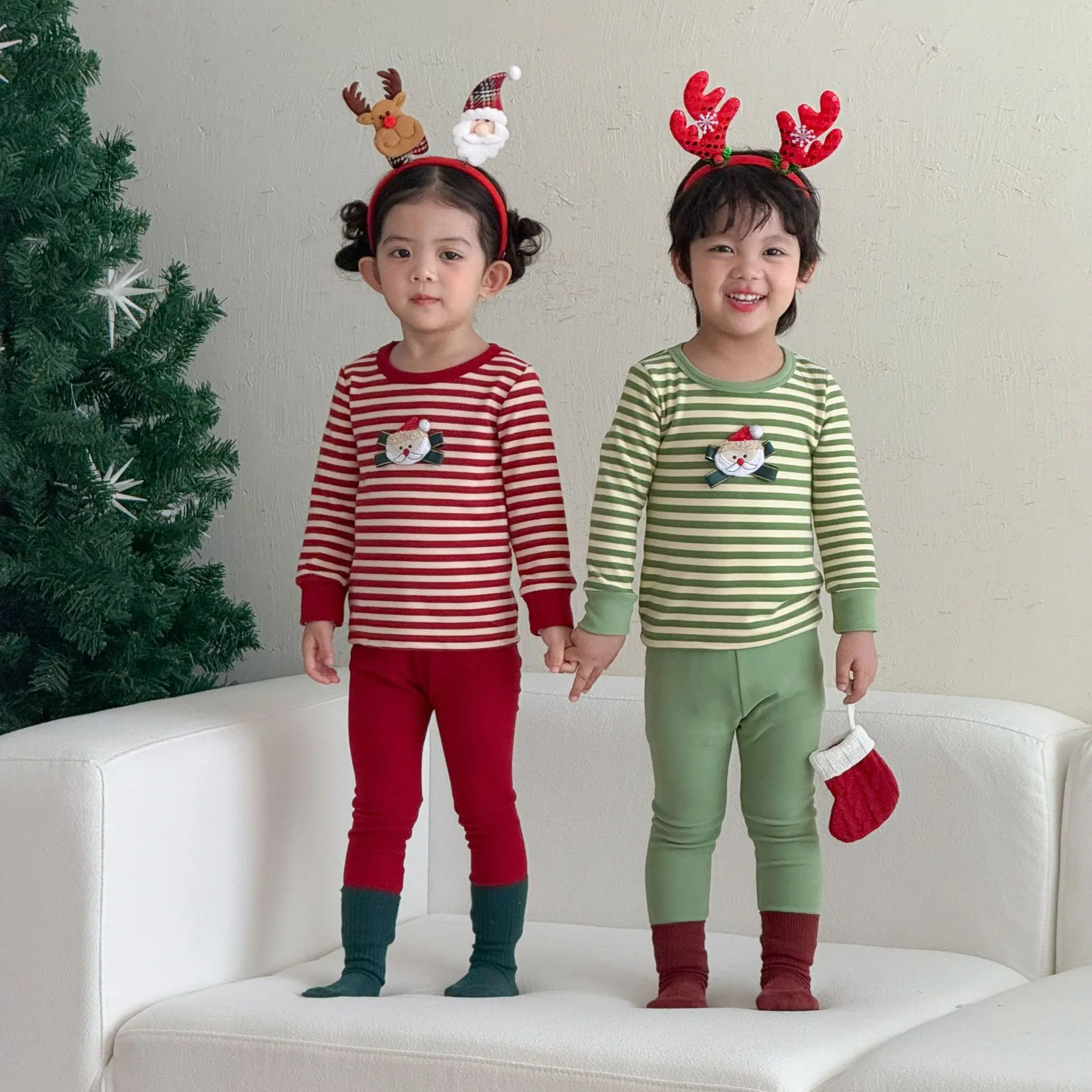 Christmas Children's Sets Warm Underwear Set with Velvet Stripes for Boys Girls Autumn Clothes Winter Pajamas Baby Home Clothes