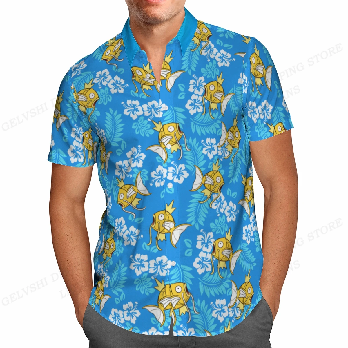 Camisa hawaiana con estampado de peces para hombre y mujer, Blusa de manga corta a la moda, con solapa, para playa, Verano