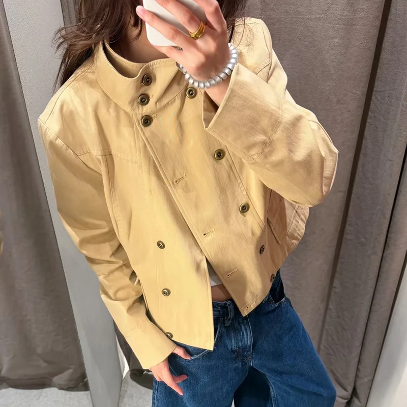 Women's Jacket 2026 New Autumn Fashion Khkai Long-Sleeve Stand-Collar Slim Jacket With Belt Chic Personality  Ladies Coat