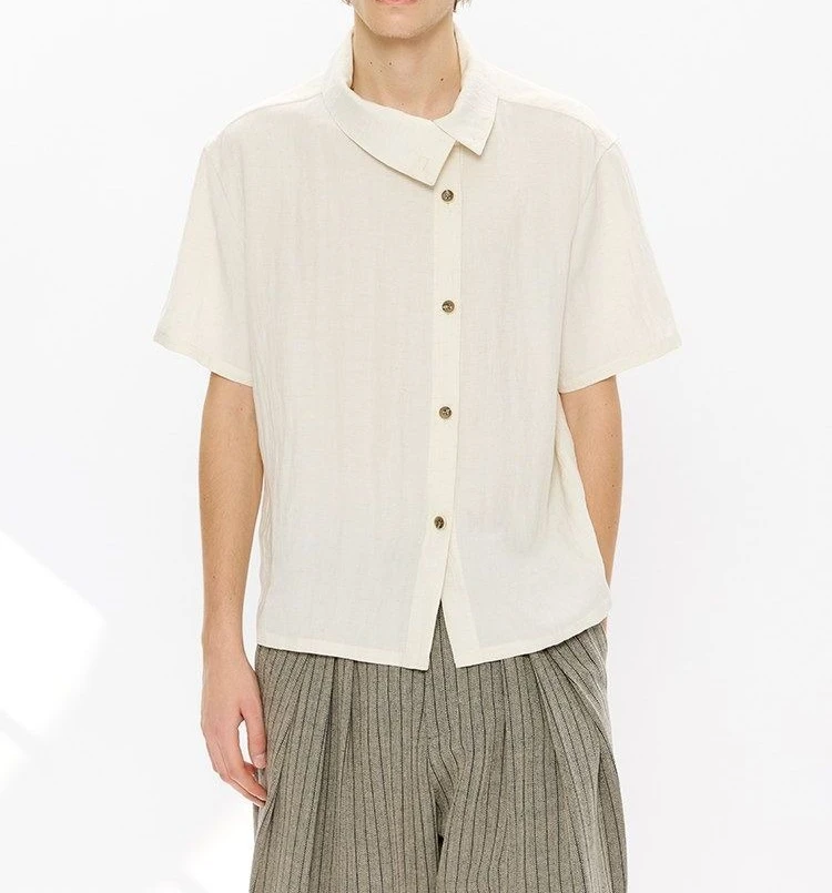 

2026 Summer New Oblique Placket Stand-up Collar Short-sleeved Shirt Handmade Contrasting Color Buckle Design Shirt Men