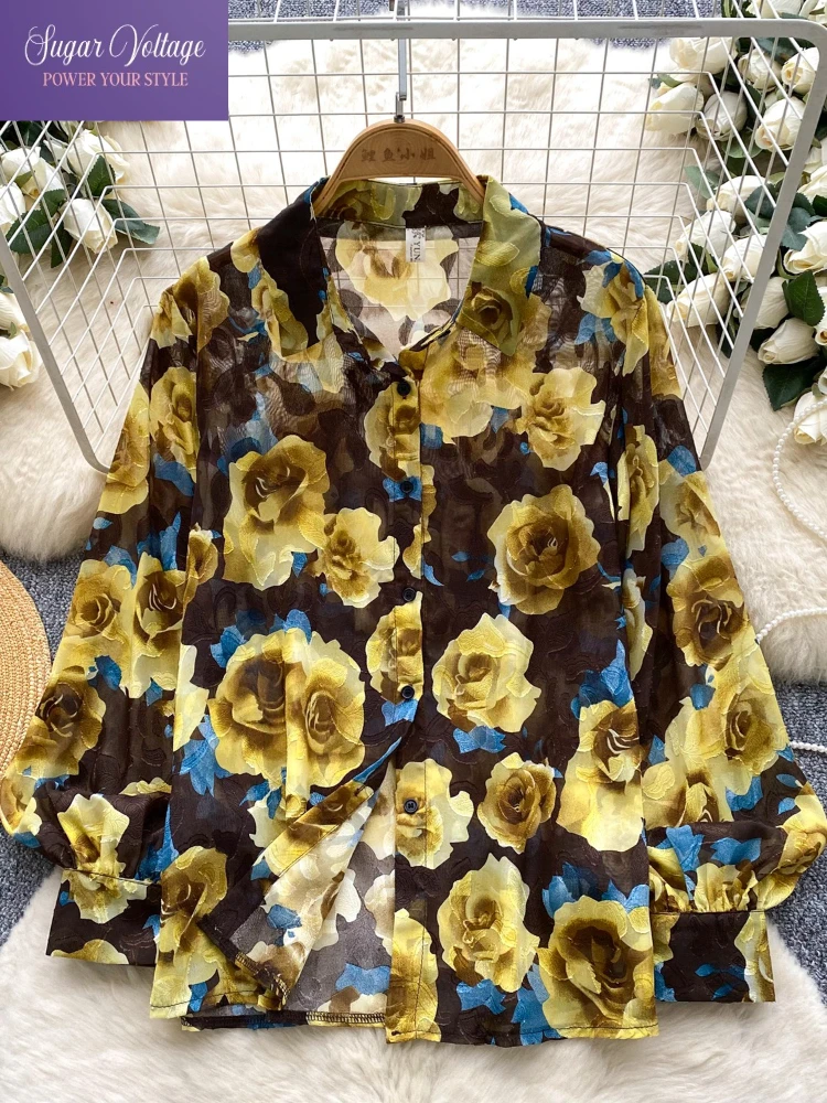 

Винтажная художественная сетчатая блузка с цветочным принтом, женская осенняя прозрачная рубашка с рукавами-фонариками и принтом, однобортный свободный крой, шикарный топ