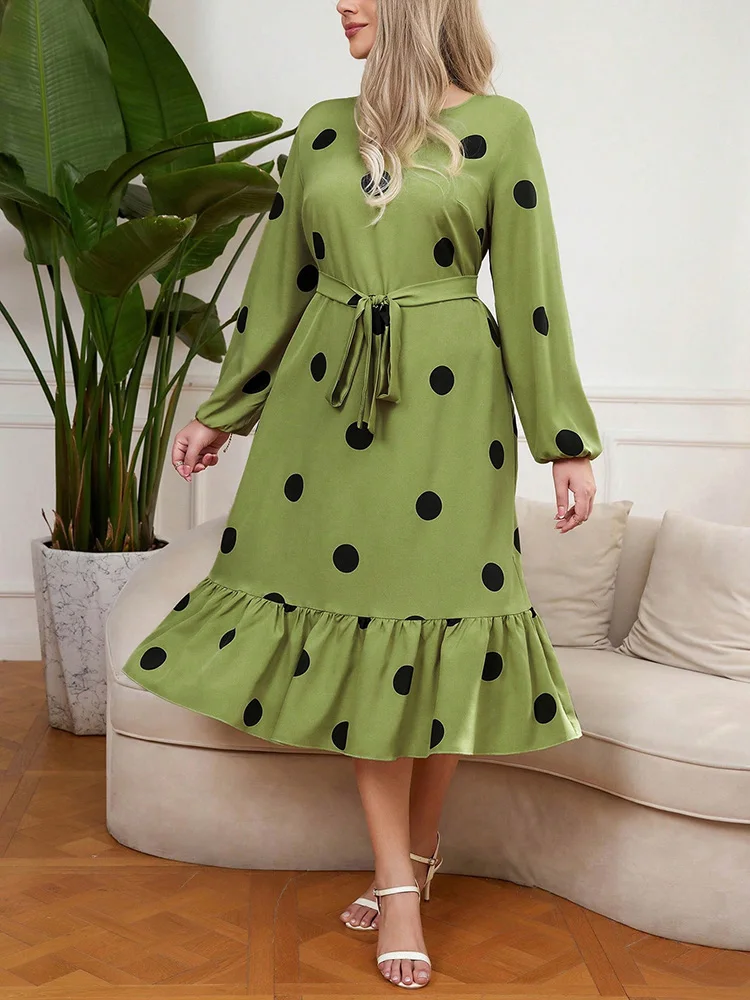 Gibsie Plus Size Langarm Polka Dot Gürtel Kleid Frauen 2024 Herbst neue Vintage O-Ausschnitt Rüschen Saum A-Linie elegante lange Kleider