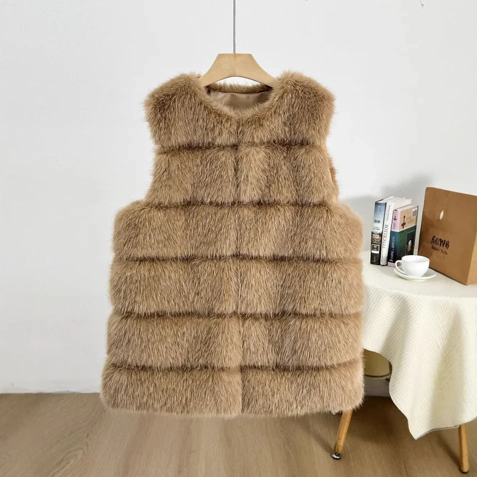 لسيدة تنوعا الإناث صديقة للبيئة الفراء سترة الحد الأدنى الشتاء النساء فو الثعلب الفراء سترة منقوشة أكمام الجولة الرقبة فرو المنك أبلى