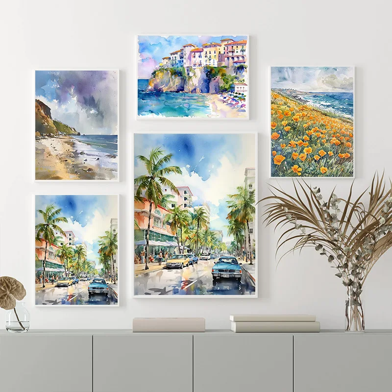 California Malibu Beach Monterey Bay Watercolor Landscape Poster Canvas Painting Modern Seascape Wall Art Picture Home Decor