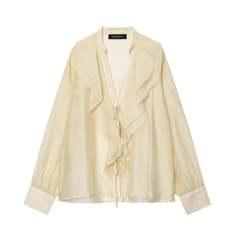 

Chic Sexy Women Translucent Ruffles Blouses 2025 New Fashion V-neck Bow Tied Shirt Causal Tops Beach Style Solid Shirts