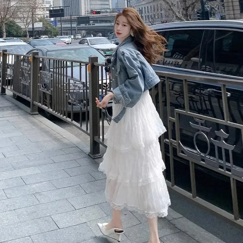 

Strap Long Dress Women Casual Summer Beach Lace Cake Dresses Korean Fashion Chic Outwear Y2k Bohemian Sweet Vestidos Платье