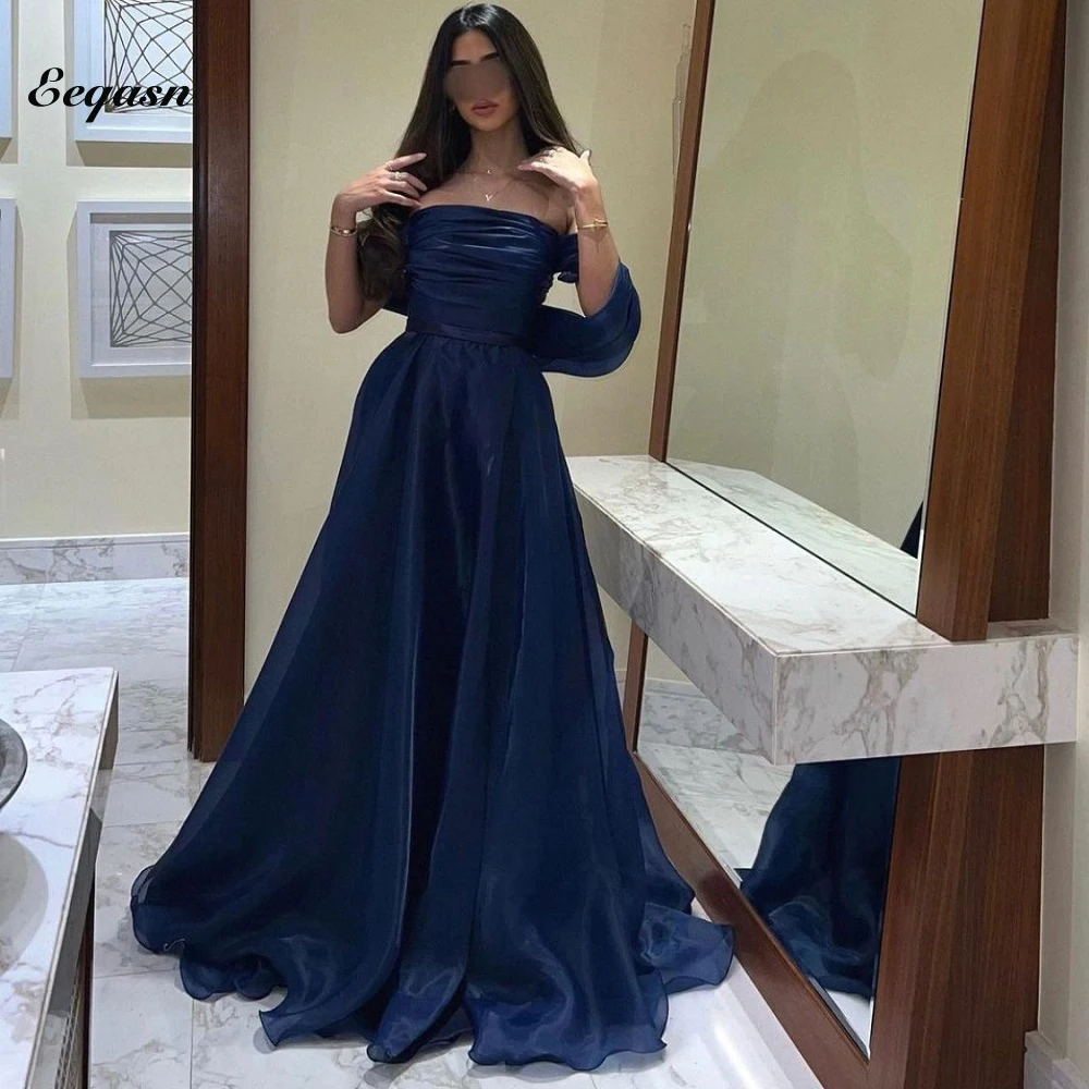 Elegante vestido sem alças, azul marinho, Organza simples, Linha A, vestido longo de baile, vestido de festa, Abaya, 2018