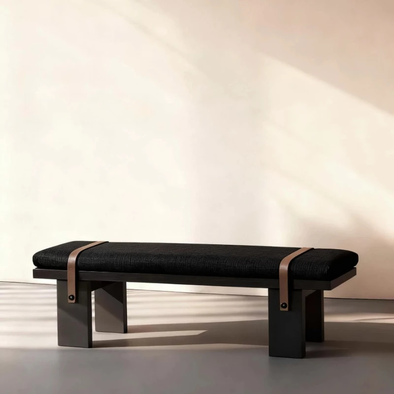 Minimalist Art Long Shoe Bench Upholstered Fabric Cushioned Top + Decorative Leather Belt Bindings Sturdy Solid Wood Frame