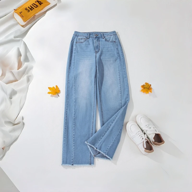 Womens Loose Jeans Blue Flared Denim Pants Casual Comfort Relaxed Fit Distressed Hem Trousers Y2k jeans baggy jeans