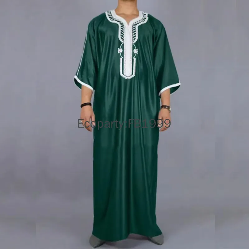New Men's Moroccan Style Muslim Long Robe Summer Black White Elegant Embroidery Arab Ethnic Jubah Male Casual Islamic Clothing
