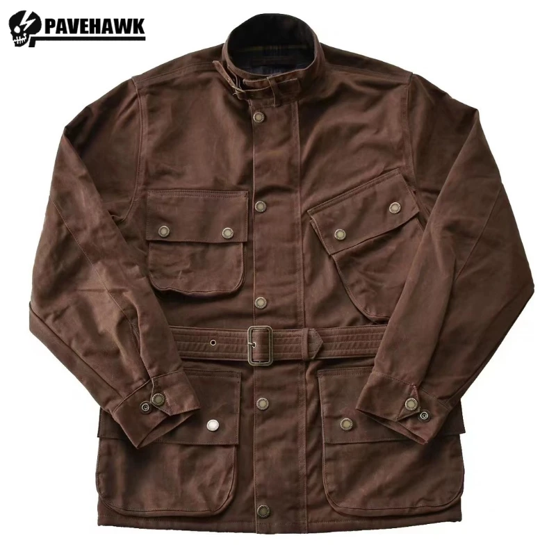 Heavyweight Motorcycle Hunting Jacket Men Oil Wax Cloth Mid Length Retro Trench Coat Classic Waterproof Four-Pocket Windbreaker