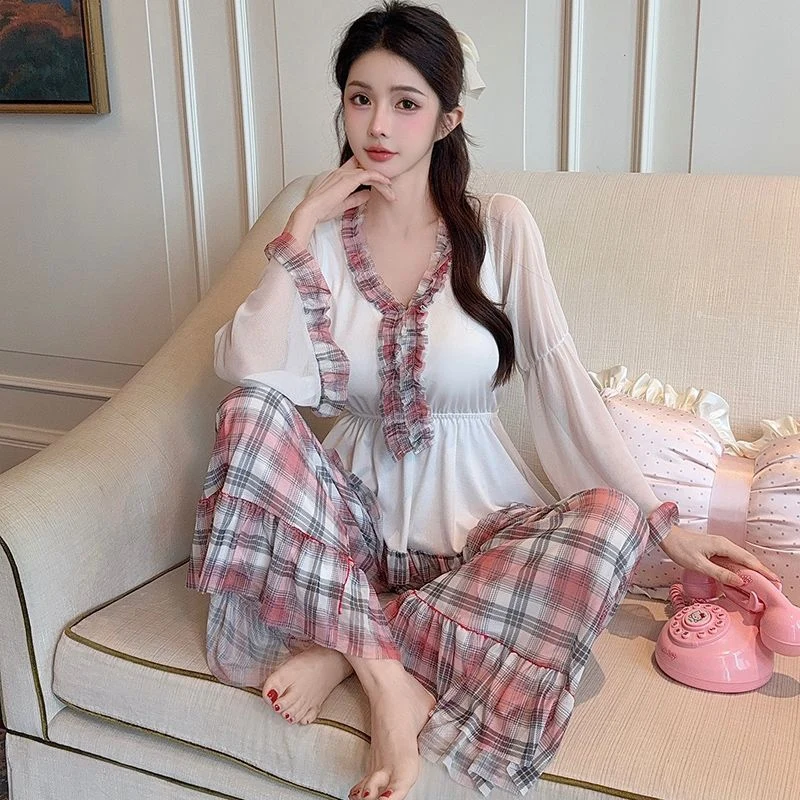 

2025 New Autumn Long Sleeve V-neck Sexy Lingerie Cotton Pajama Sets for Women Korean Cute Lace Sleepwear Pyjama Homewear Clothes