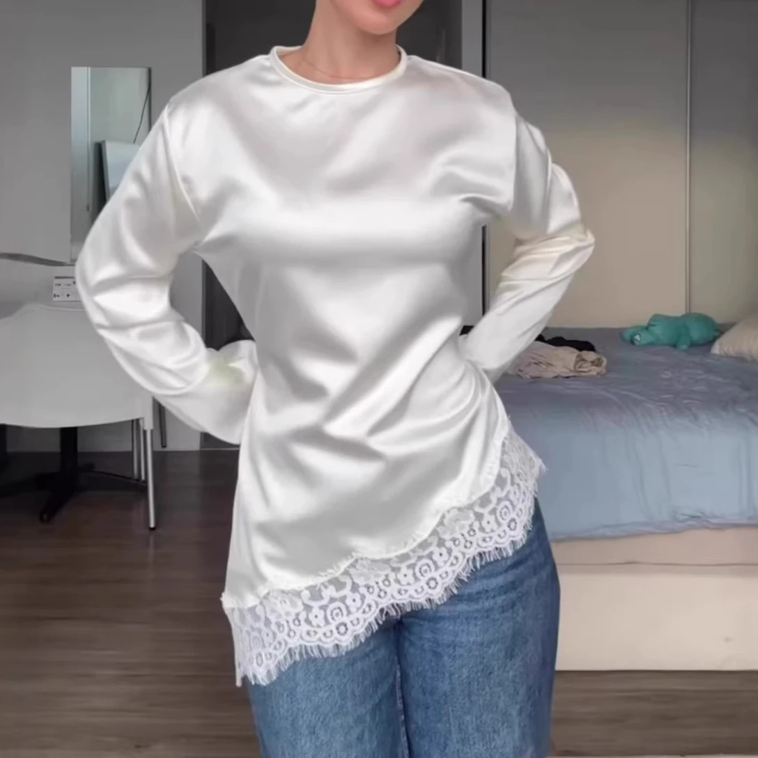Women White Tanks Tops Top Round Neck Full Sleeve Lace Tees Camis Y2k Streetwear T Shirts High Waist Elegant Work T-Shirts 2026