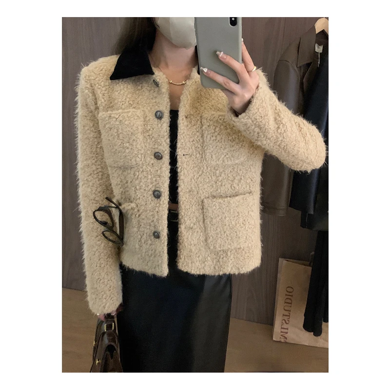 

Khaki Wool Blended Small Fragrant Woolen Short Coat Autumn Winter High Quality Stitching Fashion Casual Korea Pink Coat Women