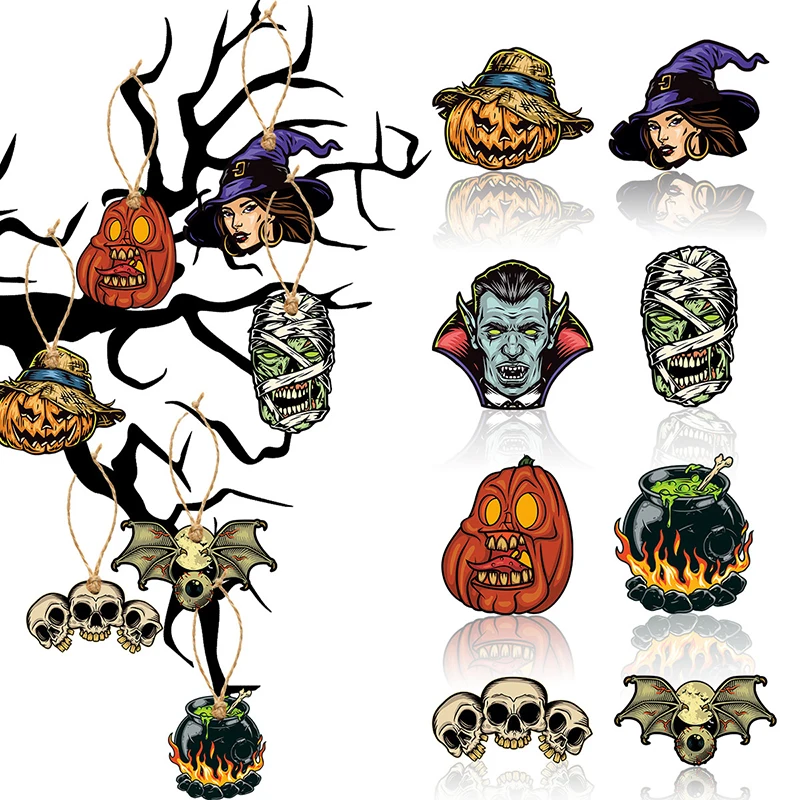 8Pcs Halloween Tree Ornament Decorations Horror Pumpkin Witch  Pendant Hanging Tag For Halloween Party Home Decor