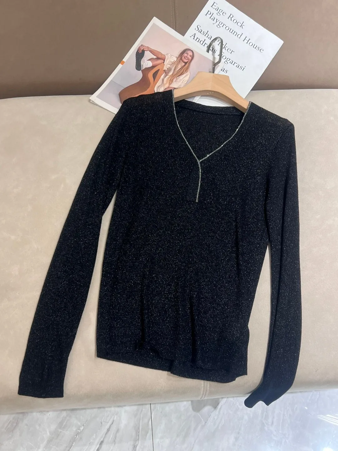 Sweater for Women 2024 New Spring Autumn Bead Chain Loose Casual Solid Color Long Sleeve Pullover