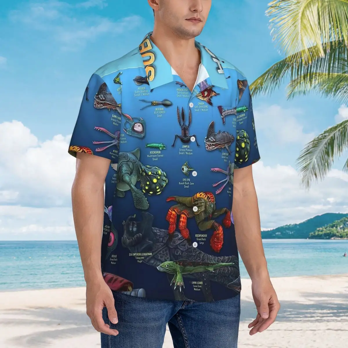

Cartoon Popular Funny Subnautica Below Zero Hawaiian Shirts Funny Men Short Sleeve Shirt for Summer Beach Men's Lapel Tops