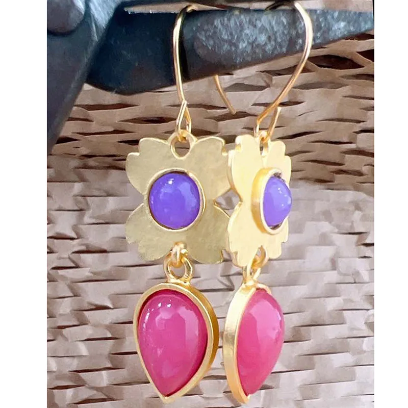 Delicate Charm Gold Color Waterdrop Red Purple Stone Dangle Earrings for Women Fashion Geometry Engagement Wedding Earrings