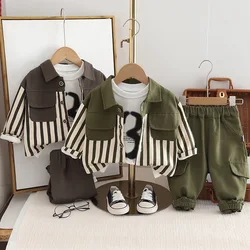 Autumn 2024 Toddler Boys 3PCS Clothes Set Cotton Printed Tops Striped Spliced Shirts Solid Loose Pants Suit Kids Boys Outfits