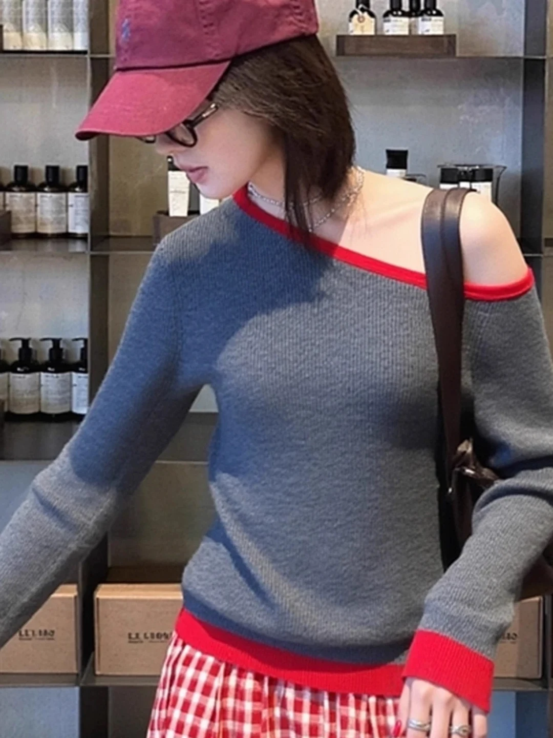 Slim Fit Lange Sve Gebreide Basis irt Dames ort Design Sense oulder T-shirt Vrijetijdskleding voor Herfst 2025, Nieuwe Sle