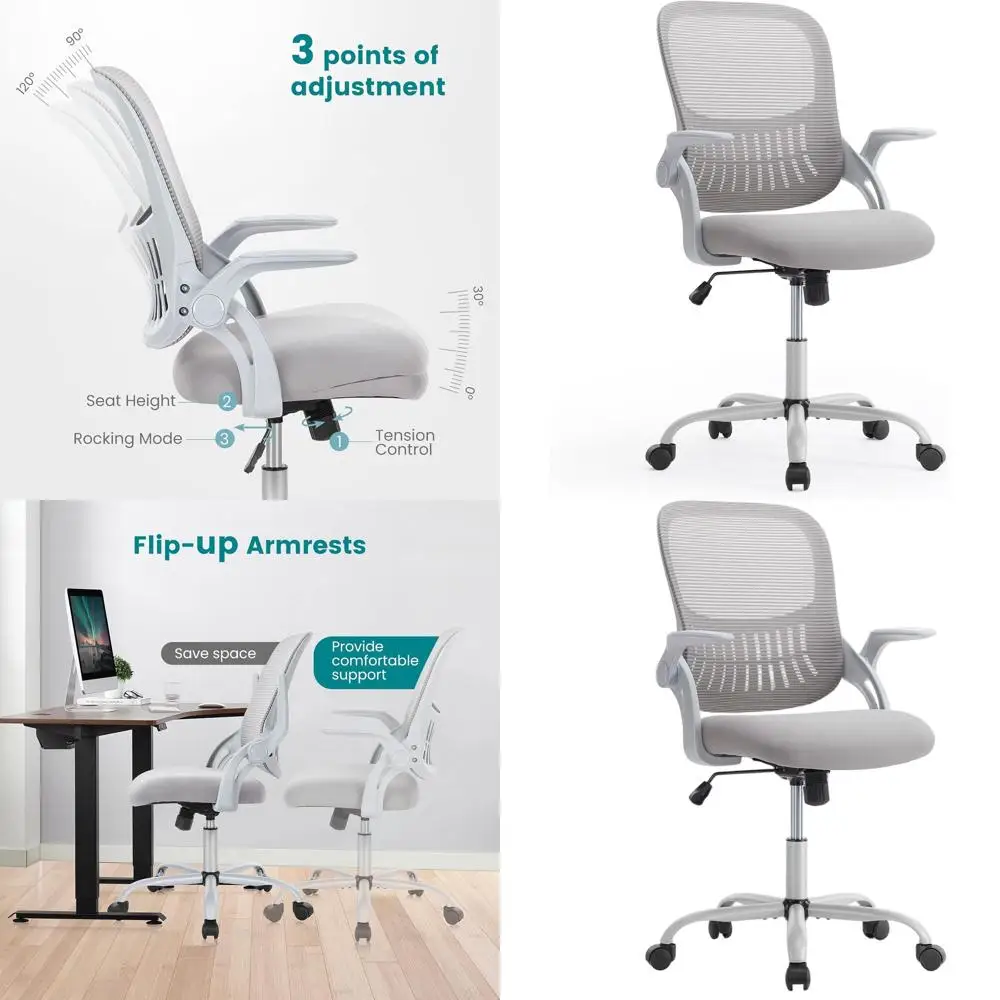 

Эргономичное офисное кресло с сетчатой спинкой средней высоты, на колесиках, с удобной поясничной опорой и откидными подлокотниками для дома, игр, учебы, работы