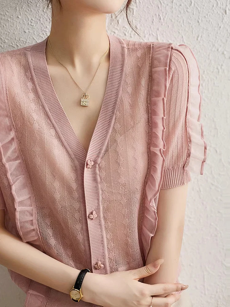 

Дышащий мягкий вязаный топ из ледяного шелка с цветочным кружевом и вставками, легкий летний модный кардиган для женщин