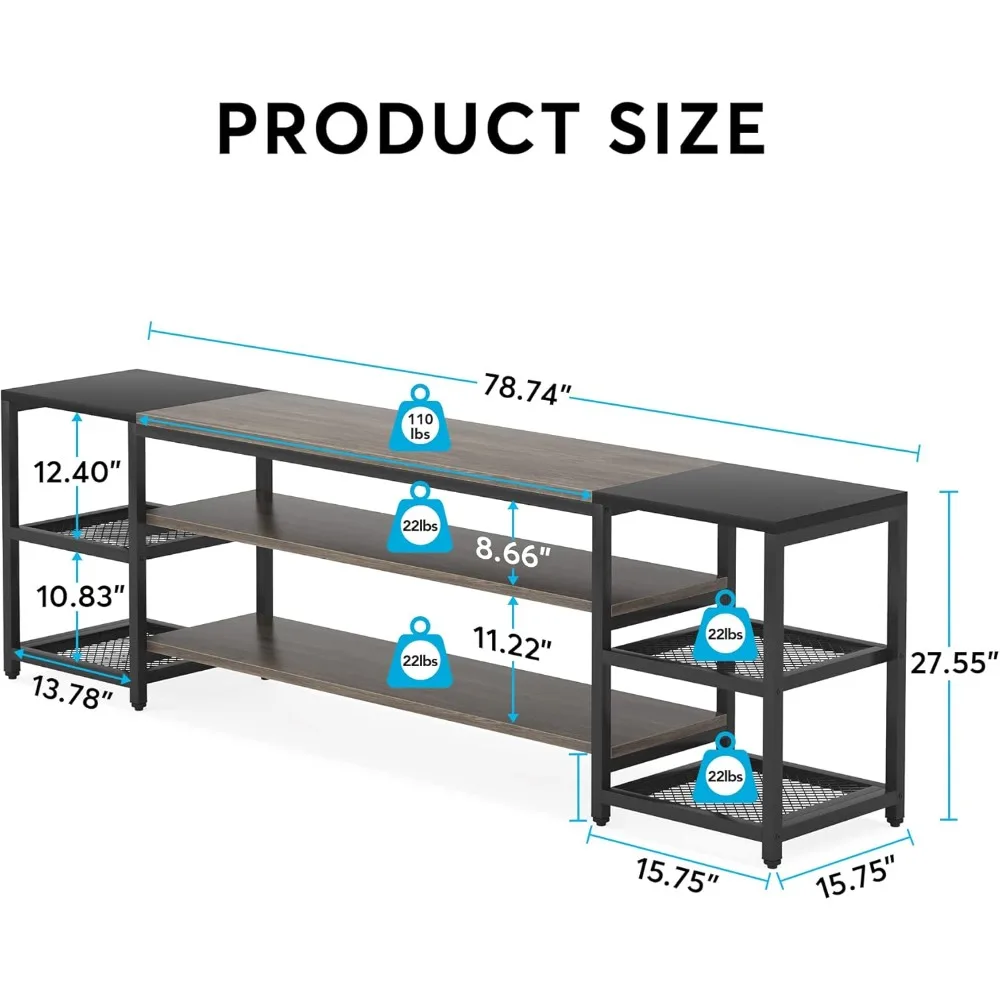 78 Inch TV Stand, Media Entertainment Center Console Table, Industrial 3-Tier TV Console Table with Storage Shelves