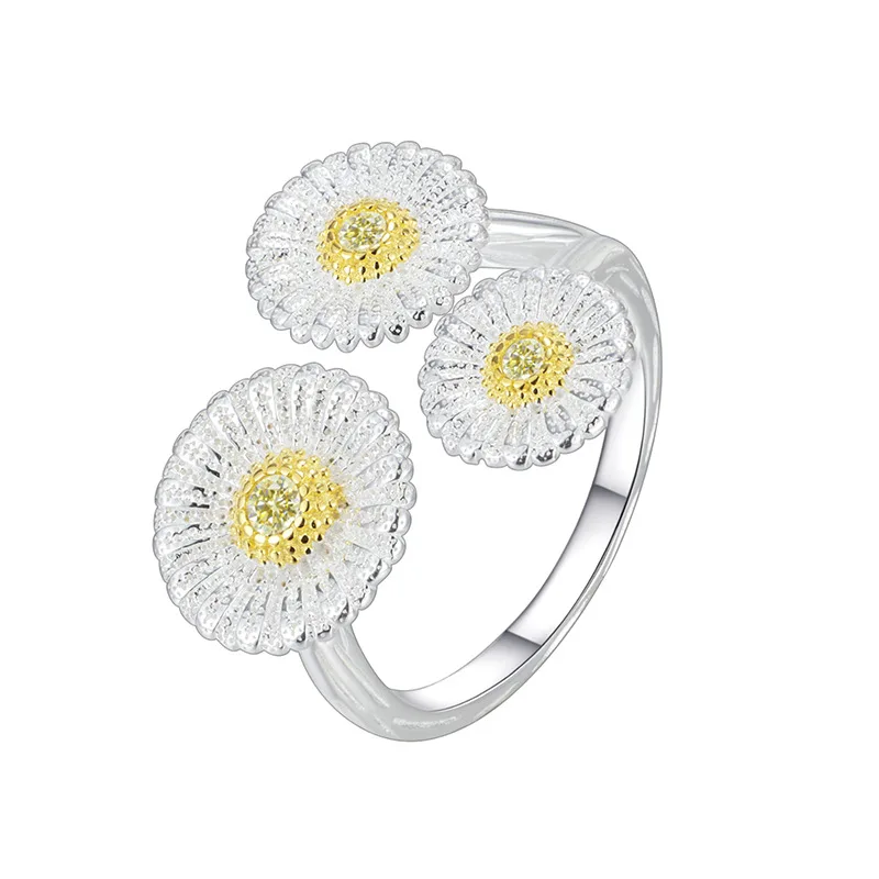 Elegant Women's Ring S925 Sterling Silver Italian Brushed Vintage Daisy Floral Opening Design Luxury Jewelry Gift