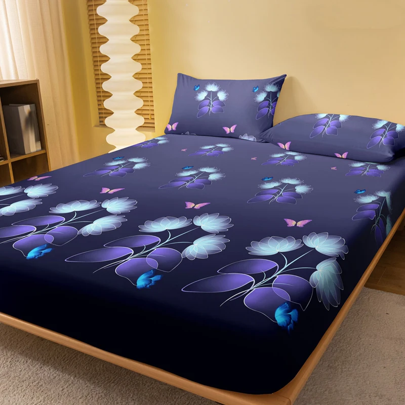 1 Simple modern Plant Flower Butterfly printed matte Fitted Sheet, bedroom printed bed cover, bedding (excluding pillowcases)