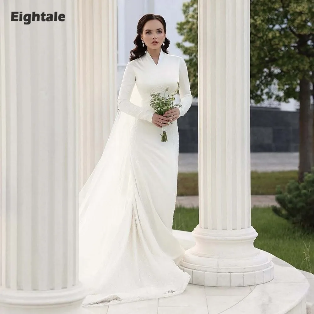 

Eightale Arabic Wedding Dresses V-Neck Customized Mermaid Satin Long Sleeves Bridal Gowns Vestidos De Novia