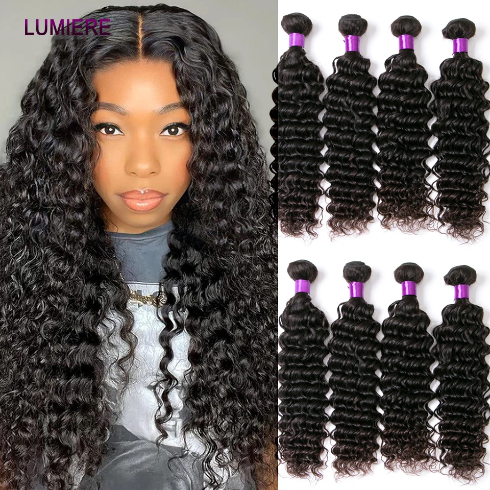 Deep Curly Water Wave Human Hair Bundles 3/4 Bundles Deal 100% Virgin Rew Hair Weaves  Curly Human Hair Extensions 8-40 inch