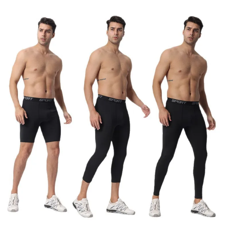 Men Compression Base Layer Running Tight Shorts Sport 3/4 Cropped Pant Leggings Gym Basketball Fitness Exercise Cycling Trousers
