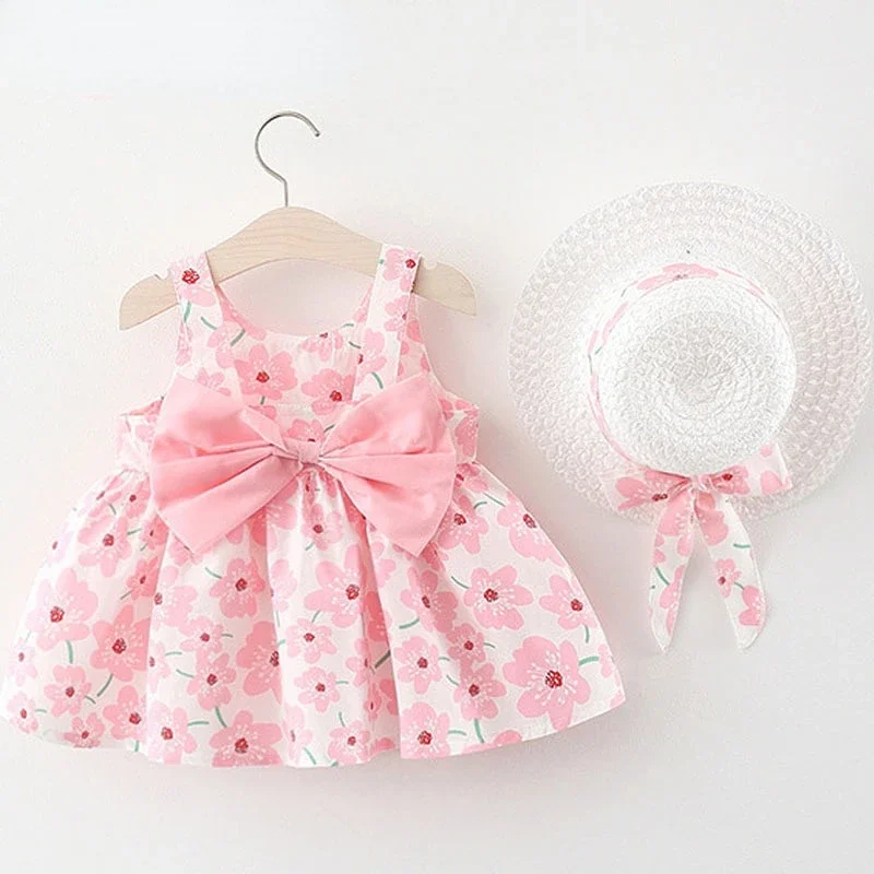 

Newborn Baby Girl Clothes Sleeveless Cotton Beach Dress + Sun Hat Princess Dresses Summer Korean Cute Print