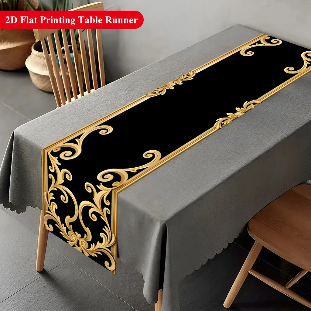 1pc Golden Pattern Frame Design Table Runner Holiday Party Decorative Cloth for Home Kitchen Dining Office Living Room Table